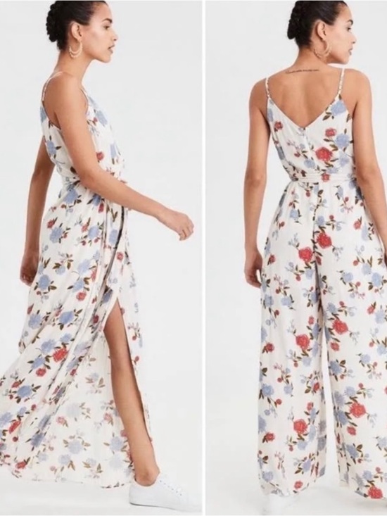 American Eagle Outfitters Pants - American Eagle Floral Wide-Leg with Slits Jumpsuit Ivory